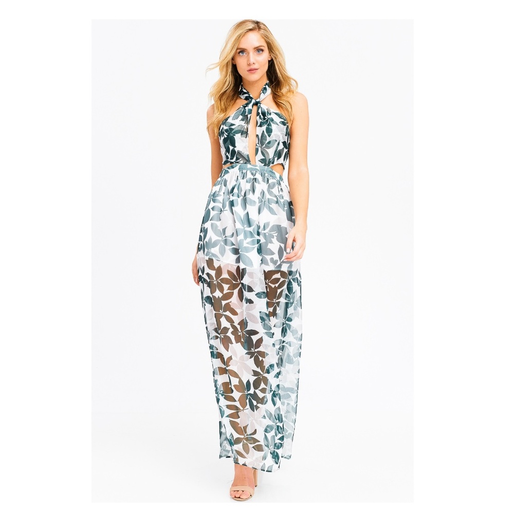 NWT Tropical Sheer Halter Maxi Dress - Picture 2 of 8